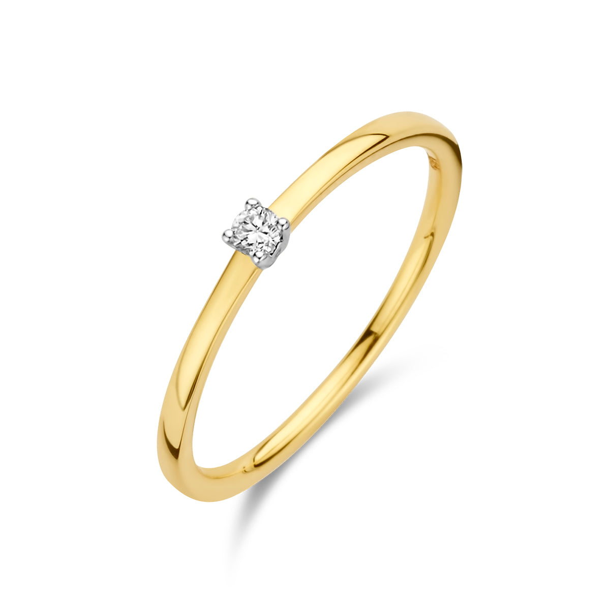 Schuin bovenaanzicht van de bicolor gouden solitair ring met diamant van 14 karaat.