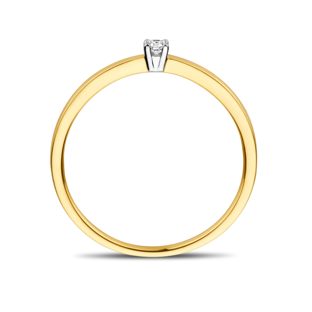 Zijaanzicht van de bicolor gouden solitair ring met diamant van 14 karaat, 0,05 ct.