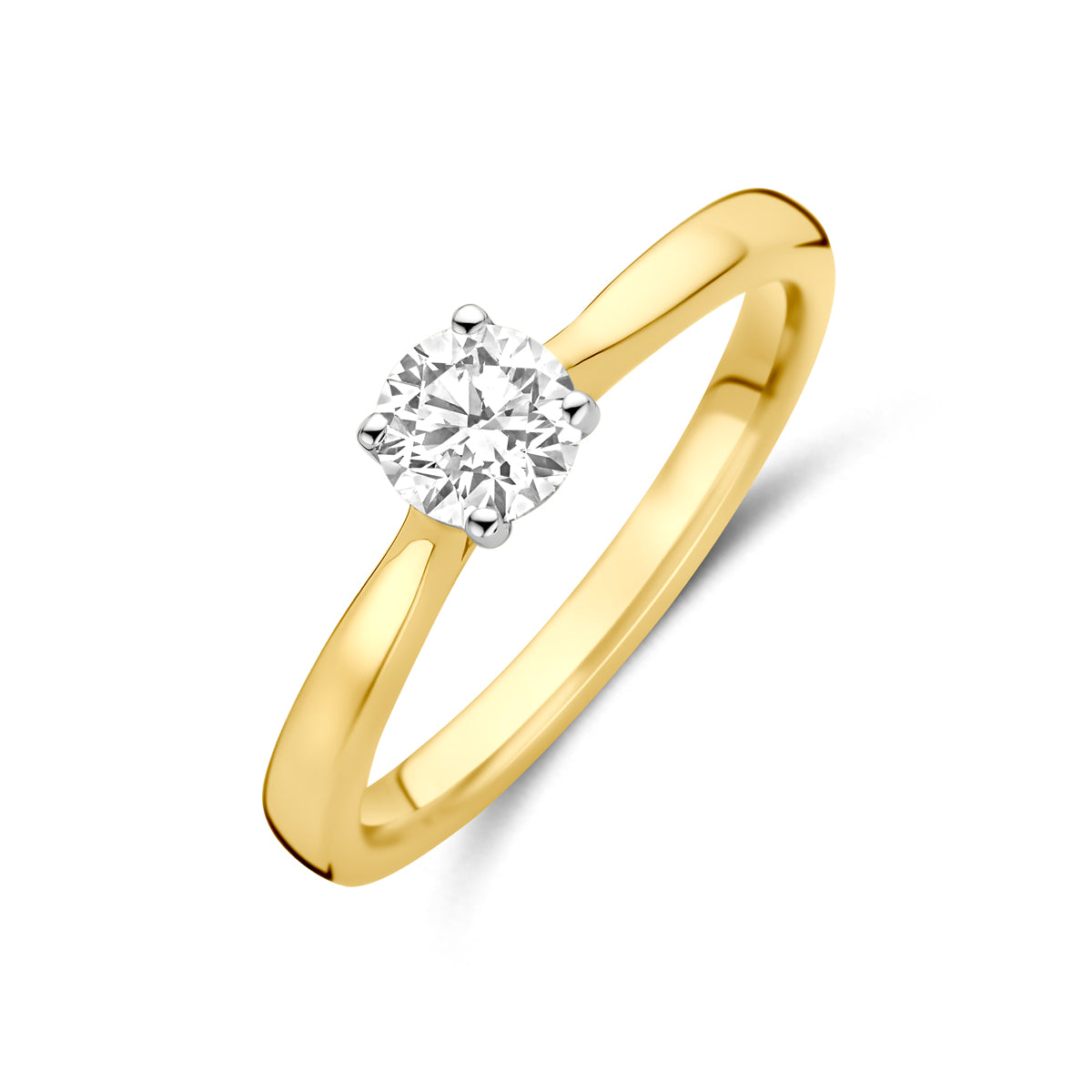 Schuin bovenaanzicht van de bicolor gouden solitair ring met lab grown diamant van 14 karaat.