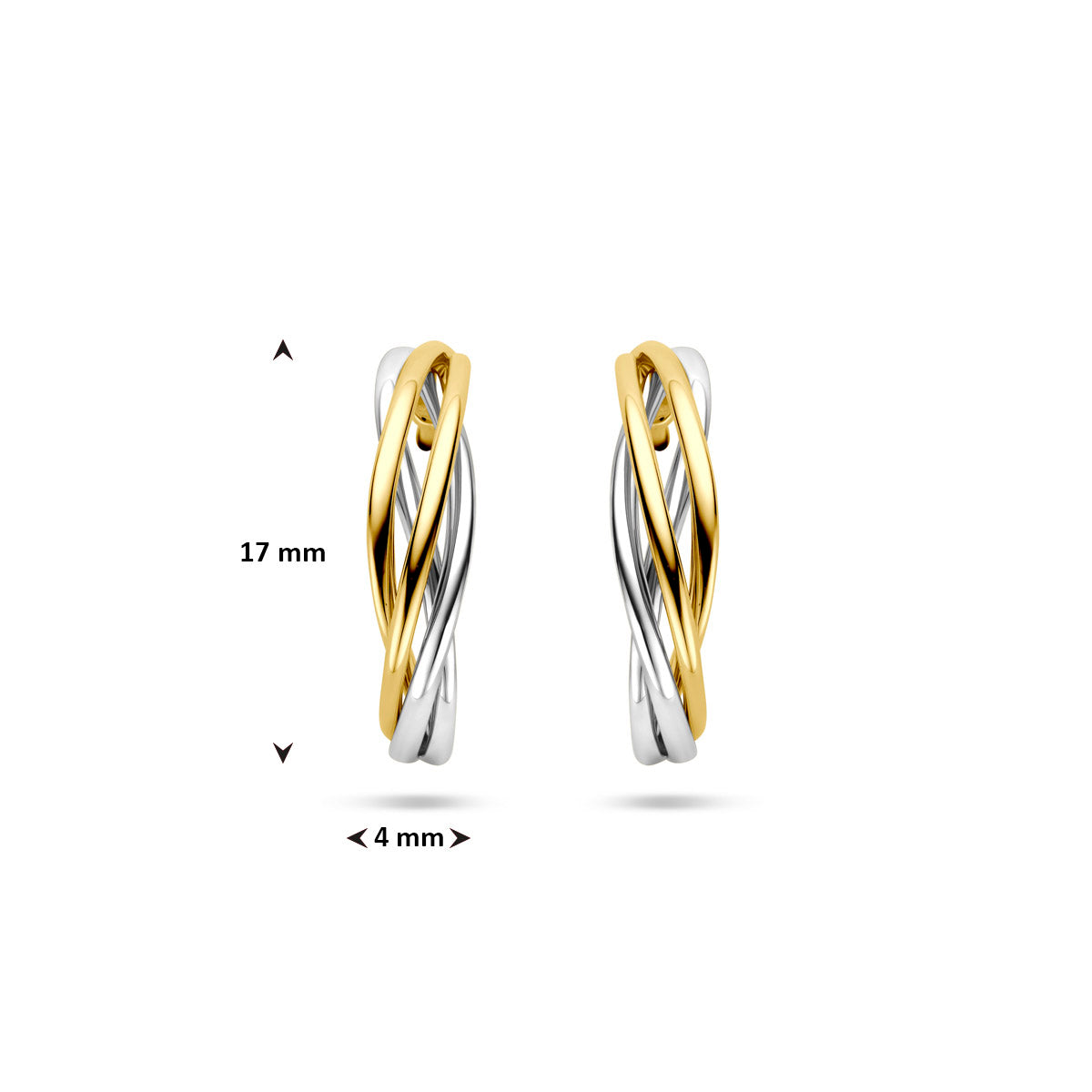 Afmetingen van de bicolor gouden stekeroorringen van 14 karaat: 17 mm hoog en 4 mm breed.