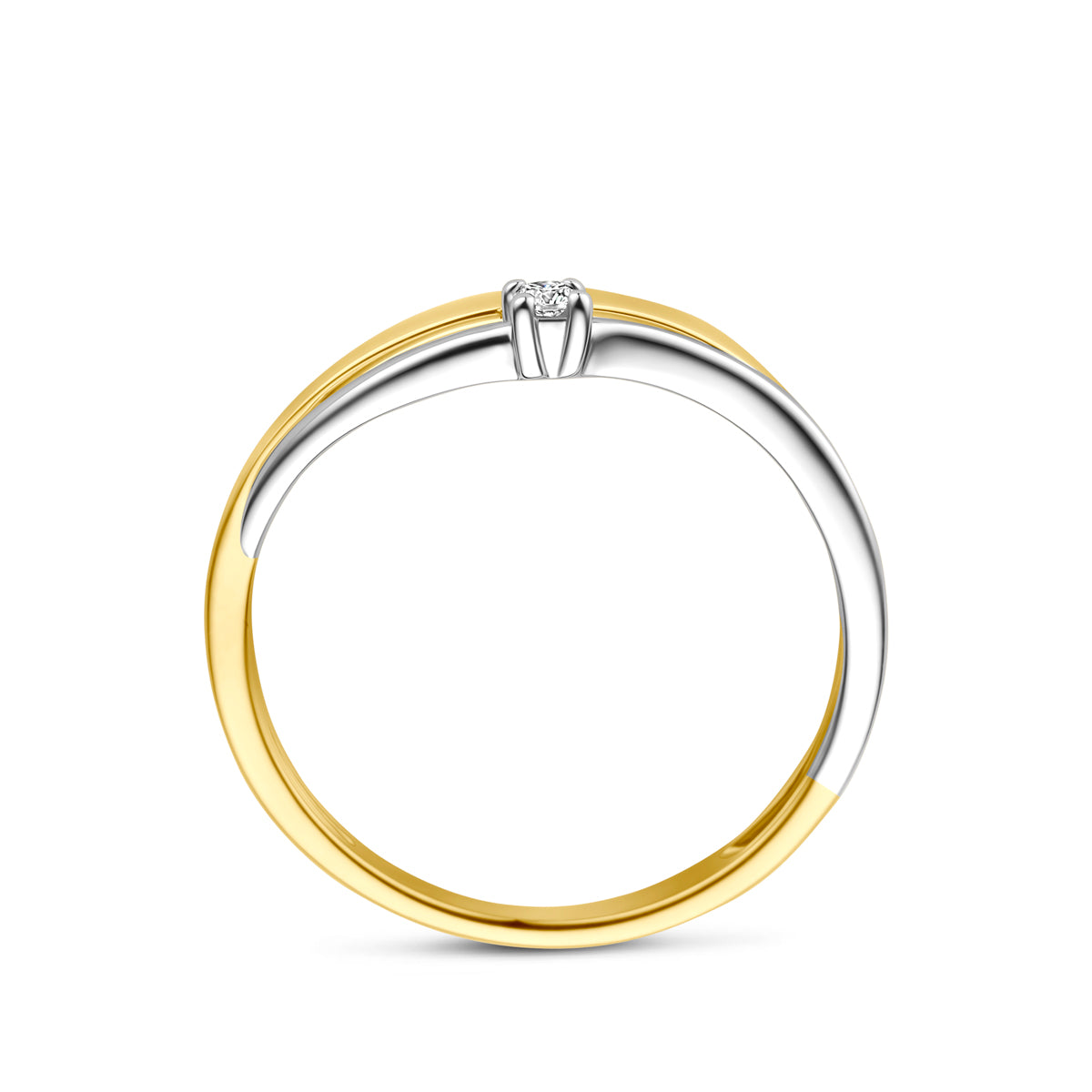 Zijaanzicht van de 14 karaat bicolor gouden ring met diamant 0,03 ct