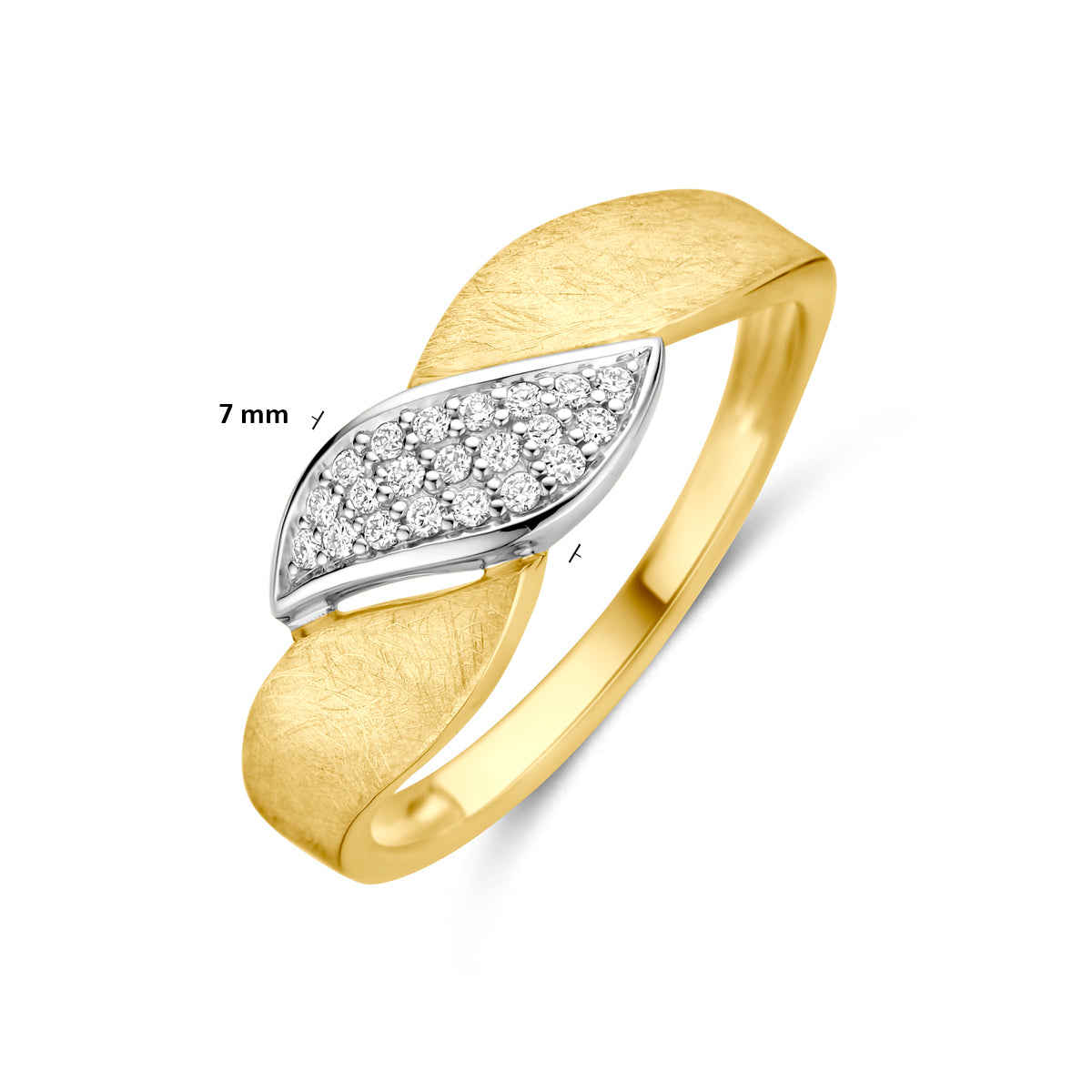 Afmetingen van de bicolor ring met diamant van 14 karaat goud: 7 mm breed