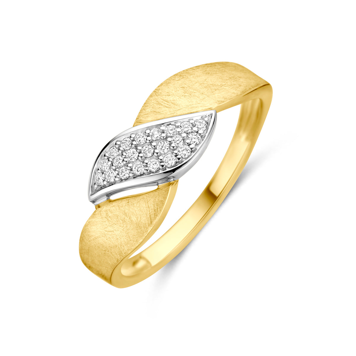 Schuin bovenaanzicht van de bicolor ring met diamant van 14 karaat goud