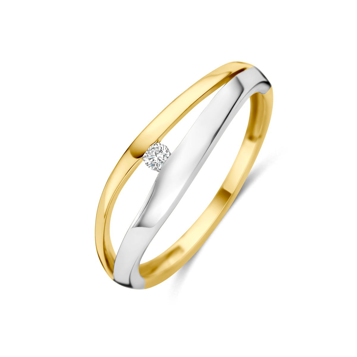 Schuin bovenaanzicht van de 14 karaat bicolor ring lab grown diamant 0,04 ct, 6 mm breed.