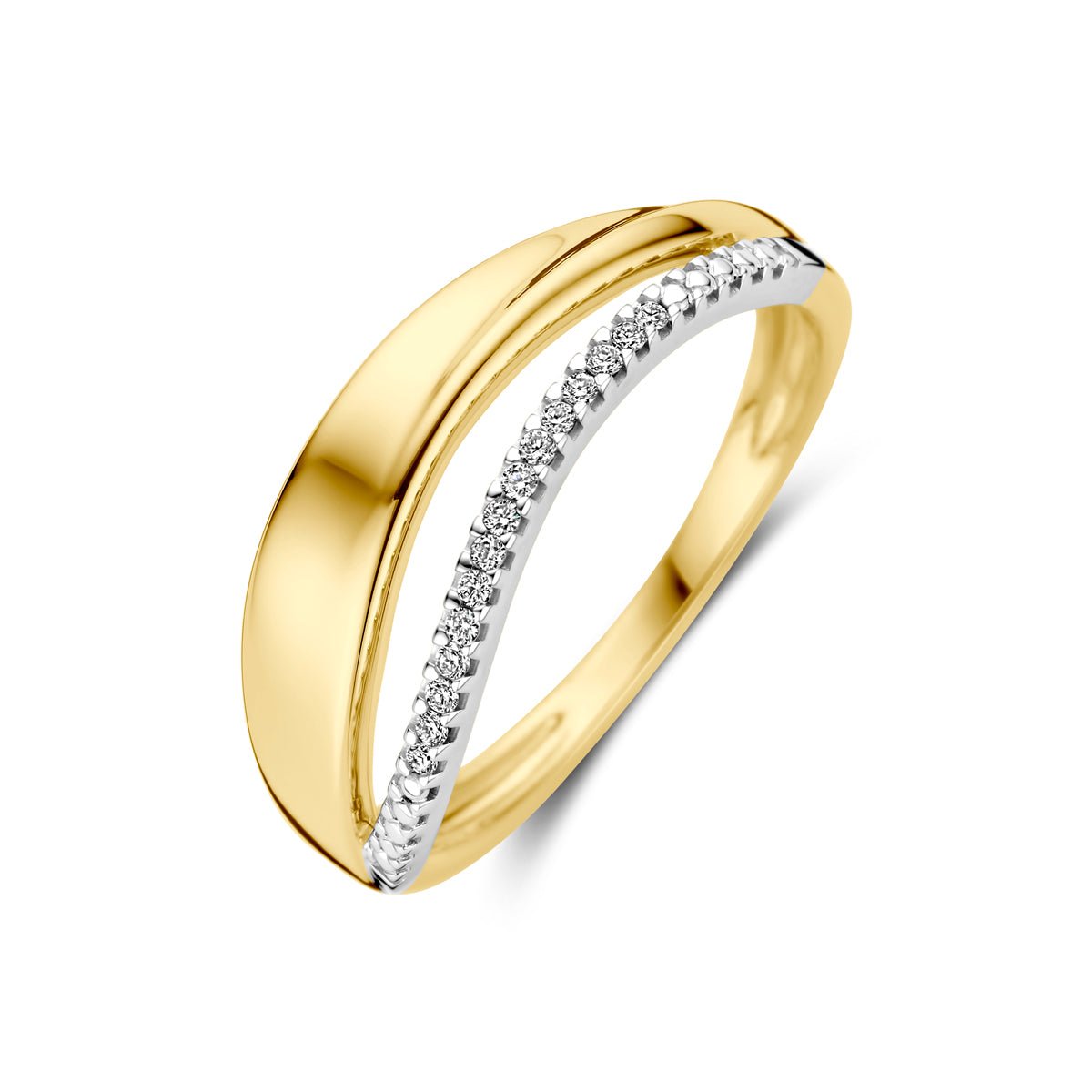 Schuin bovenaanzicht van de bicolor ring met diamant van 14 karaat.