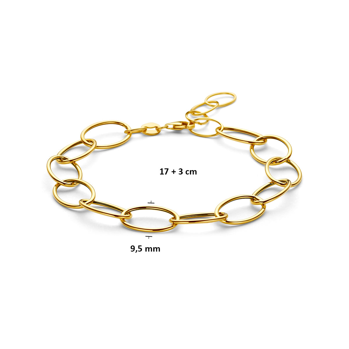 Afmetingen van de 14 karaat gouden ankerarmband: verstelbaar van 17 tot 20 cm, schakel 9,5 mm