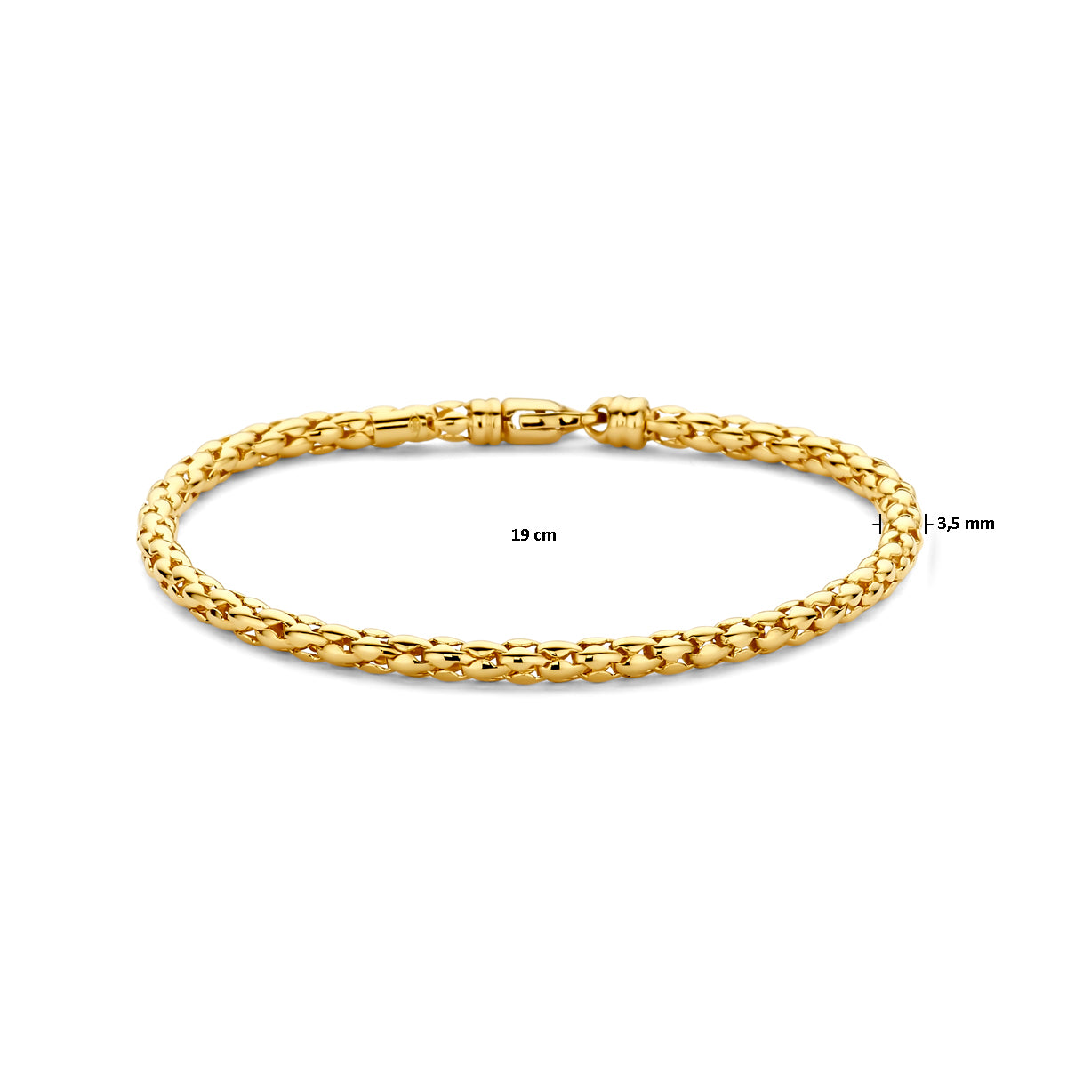 Afmetingen van de 14 karaat gouden schakelarmband: 19 cm lang, schakel 3,5 mm