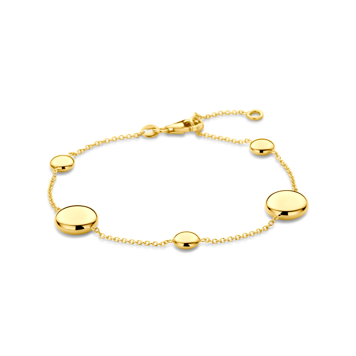 Vooraanzicht van de 14 karaat gouden schakelarmband