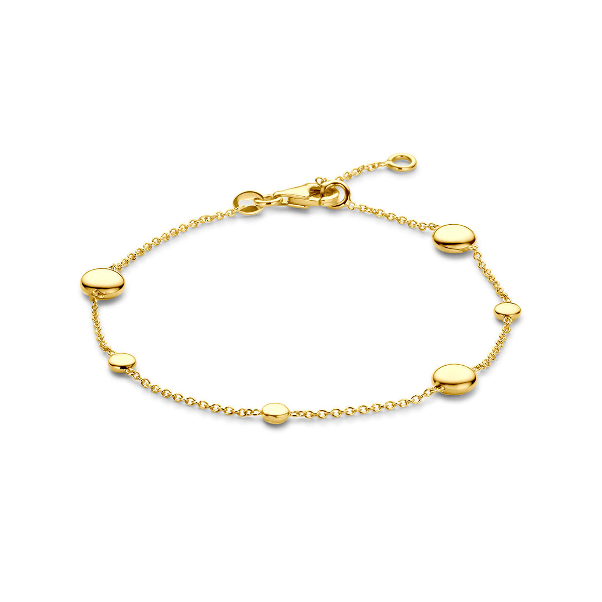 Vooraanzicht van de 14 karaat gouden schakelarmband