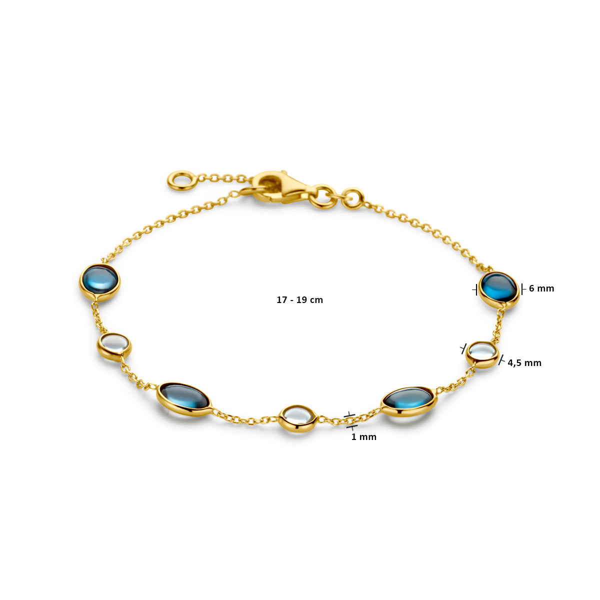 Afmetingen van de 14 karaat gouden armband met london blue en blauwe topaas: 17 of 19 cm lang, schakel 1 mm