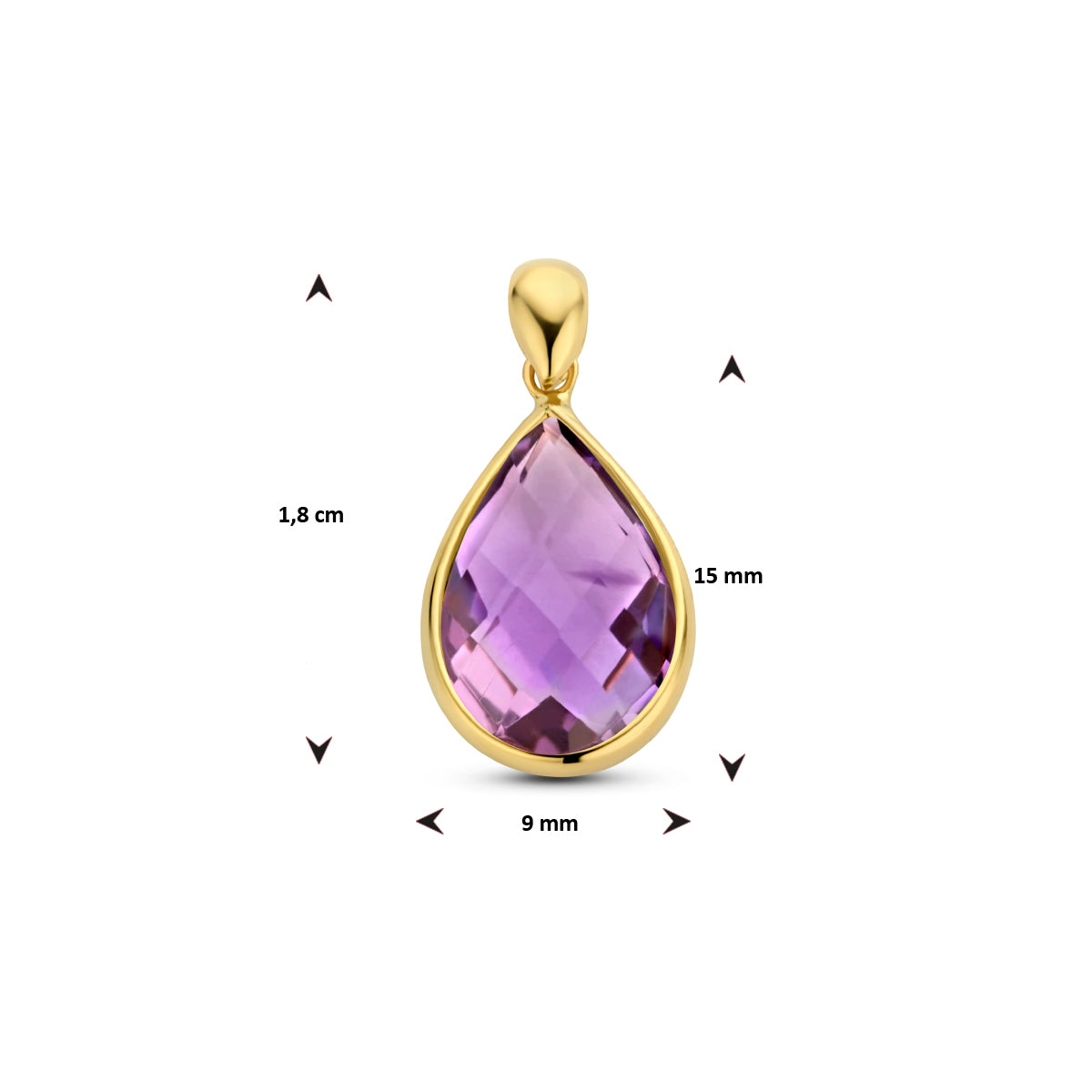 Afmetingen van de 14 karaat gouden hanger met amethist: 18 mm hoog inclusief oog