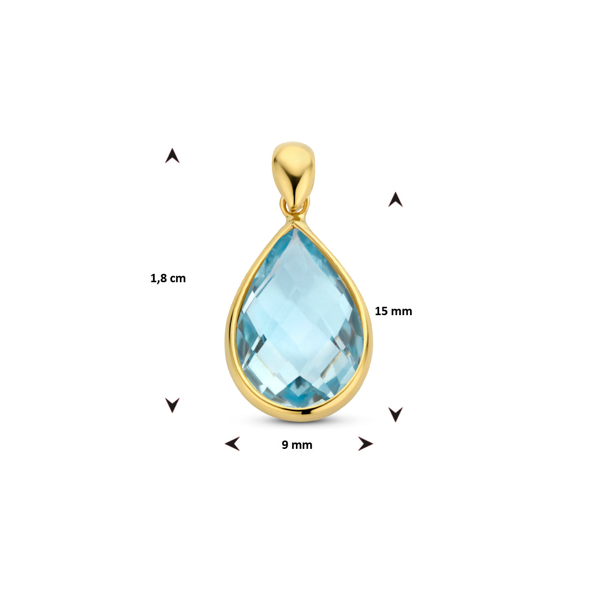 Afmetingen van de 14 karaat gouden hanger met blauwe topaas: 18 mm hoog inclusief oog