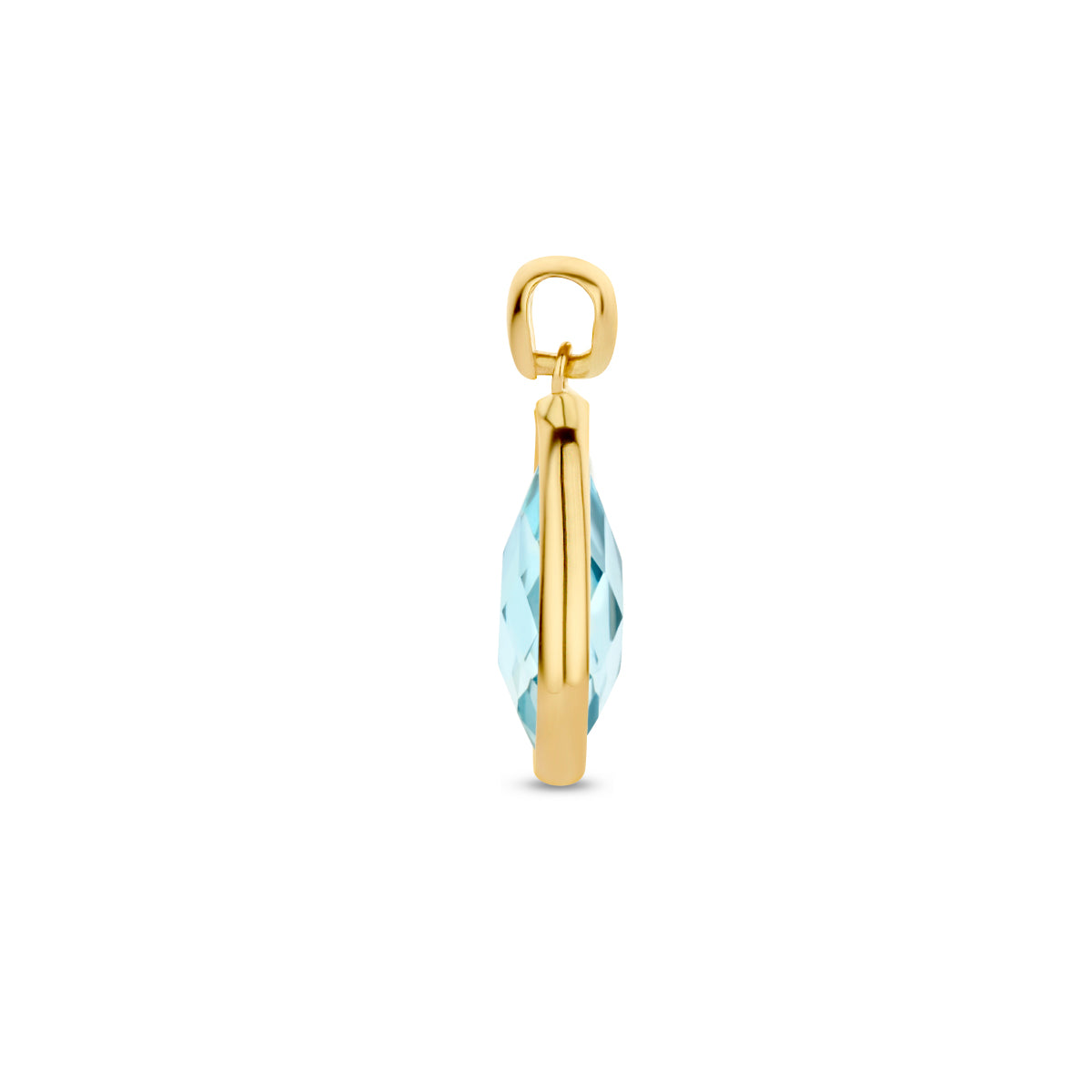 Zijaanzicht van de 14 karaat gouden hanger met blauwe topaas