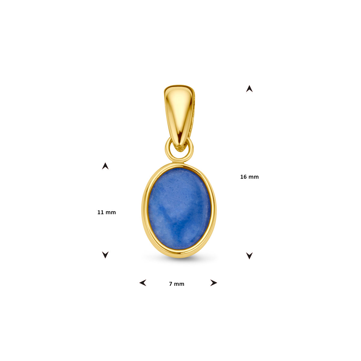 Afmetingen van de 14 karaat gouden hanger met blauwe kwarts (edelsteen hanger goud): 16 mm hoog inclusief oog
