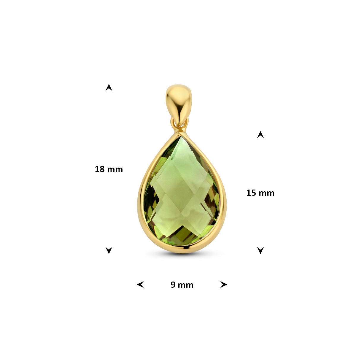 Afmetingen van de 14 karaat gouden hanger met groene kwarts (edelsteen hanger goud): 18 mm hoog inclusief oog