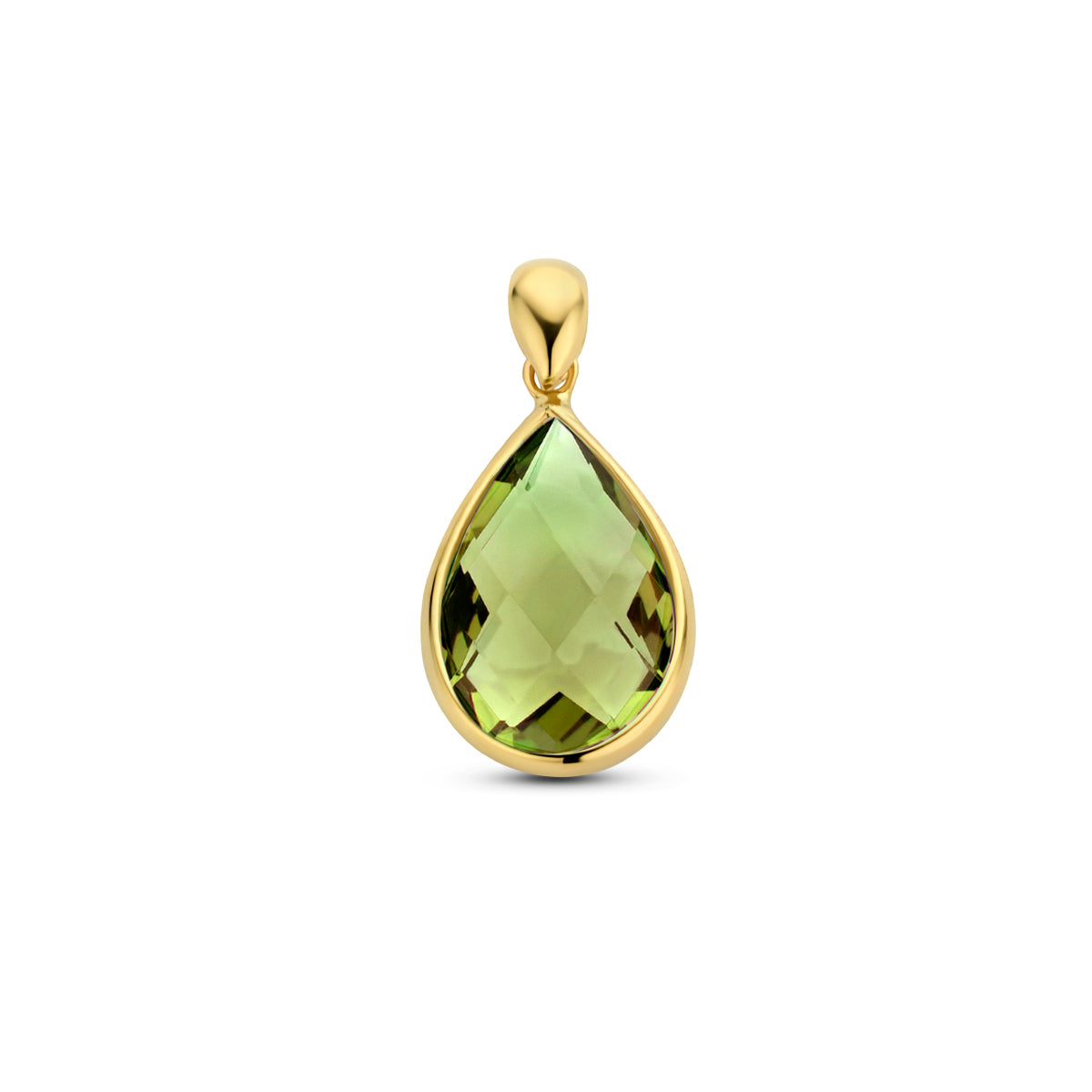 Vooraanzicht van de 14 karaat gouden hanger met groene kwarts (edelsteen hanger goud)