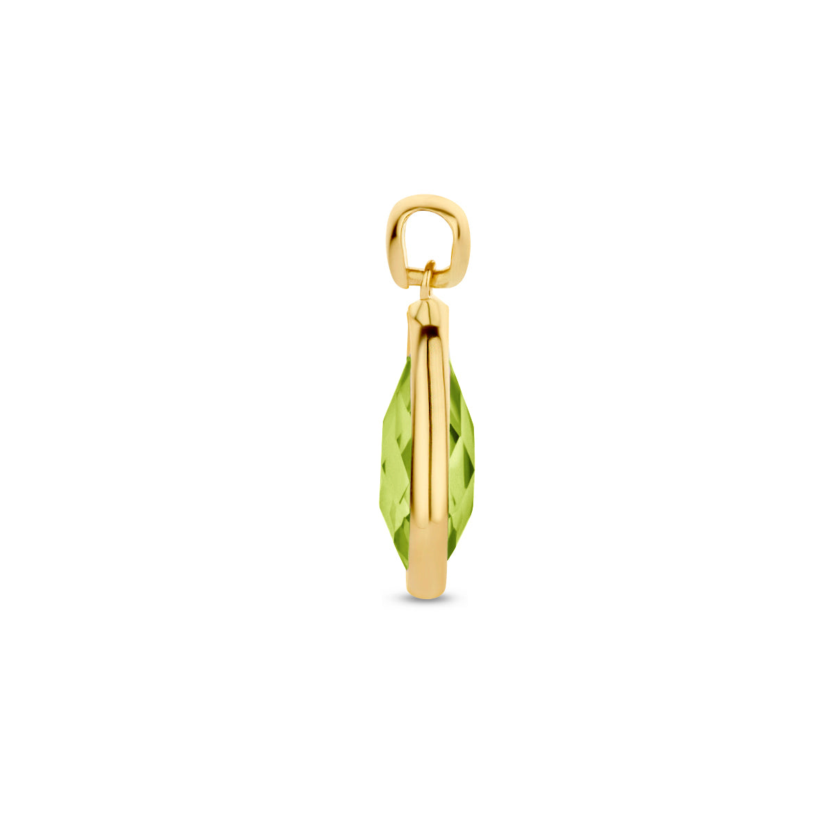 Zijaanzicht van de 14 karaat gouden hanger met groene kwarts (edelsteen hanger goud)