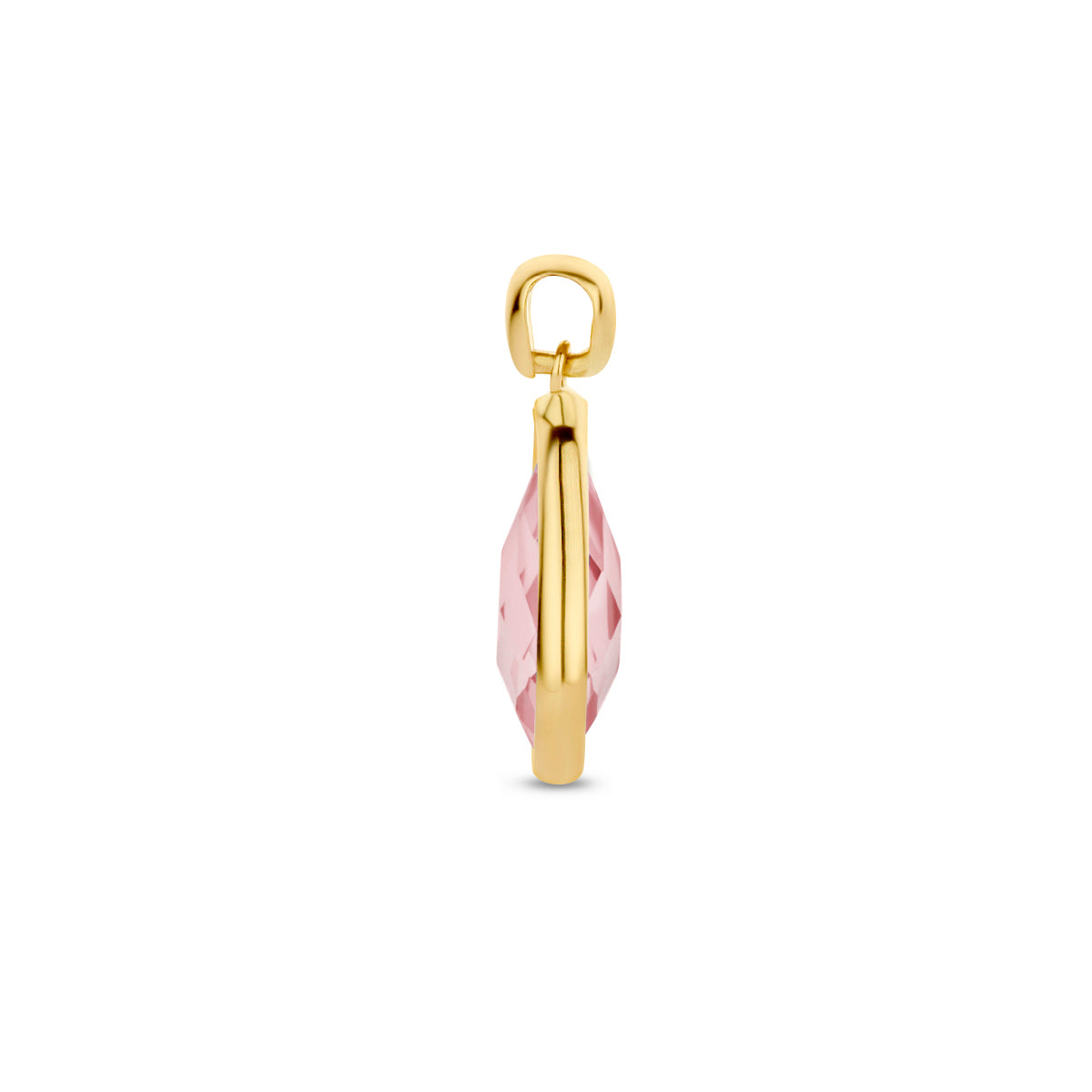 Zijaanzicht van de 14 karaat gouden hanger met rhodoliet en kwarts (edelsteen hanger goud)