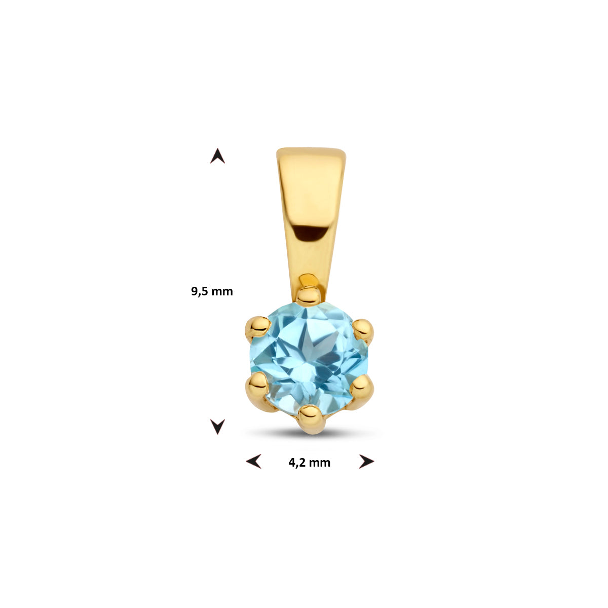 Afmetingen van de 14 karaat gouden geboortesteen hanger, december: 9,5 mm hoog