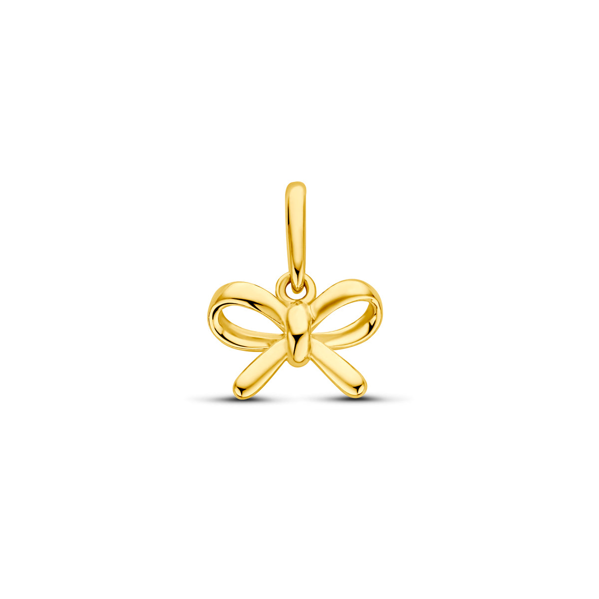 Vooraanzicht van de 14 karaat gouden strik hanger