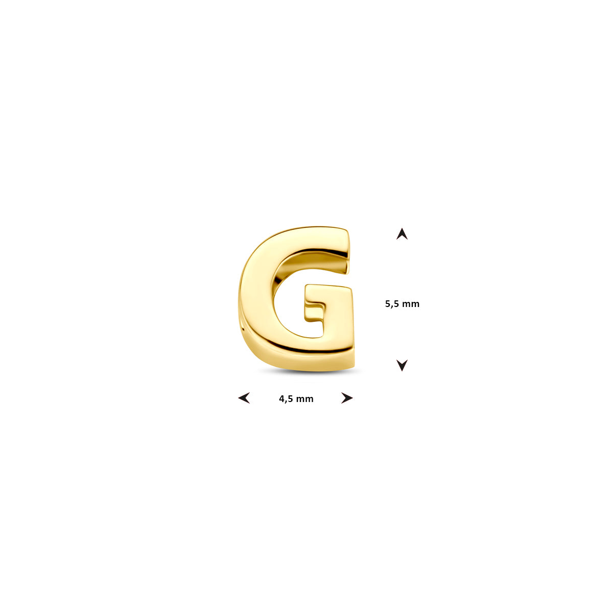 Afmetingen van de 14 karaat gouden letterhanger, letter G: 5,5 mm hoog