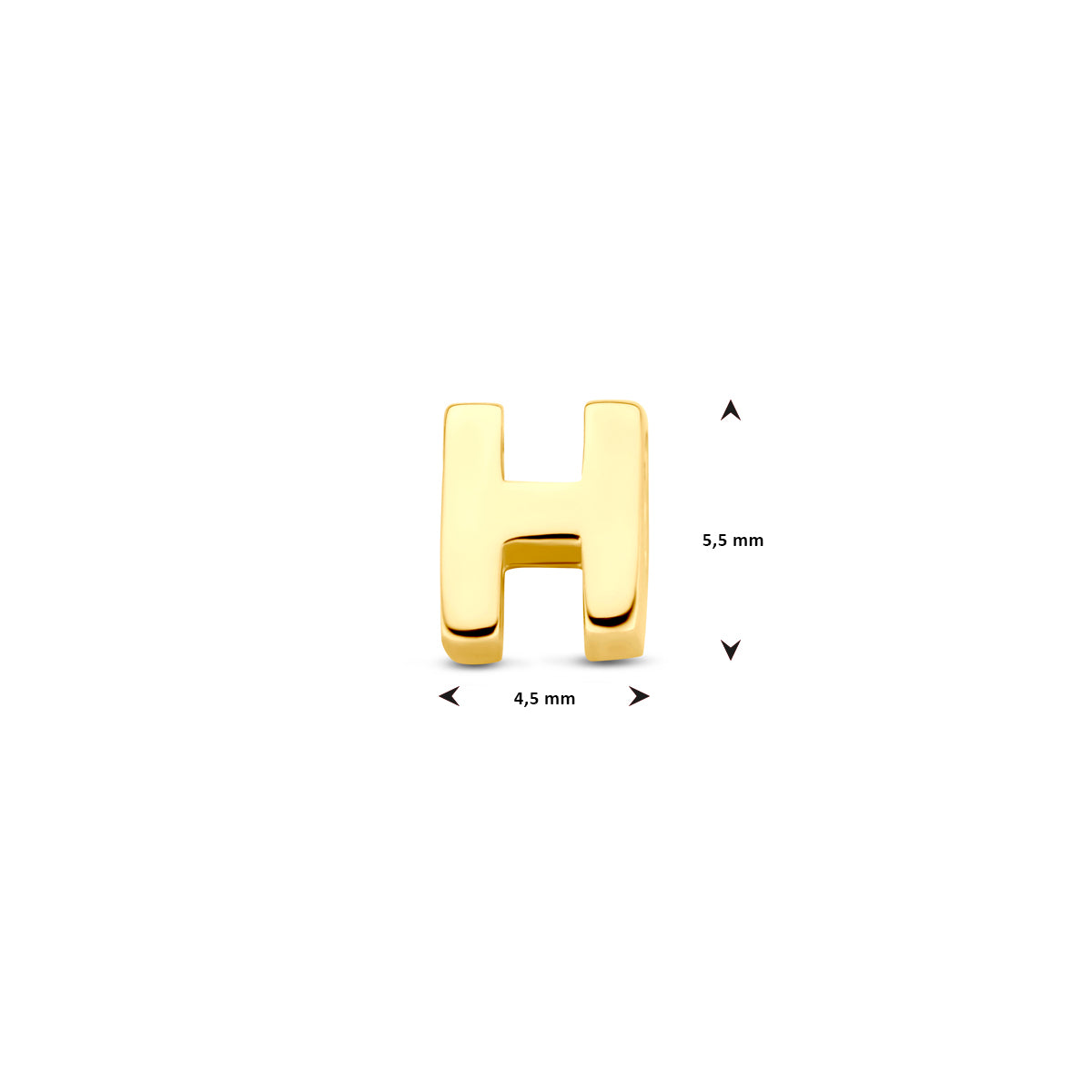 Afmetingen van de 14 karaat gouden letterhanger, letter H: 5,5 mm hoog
