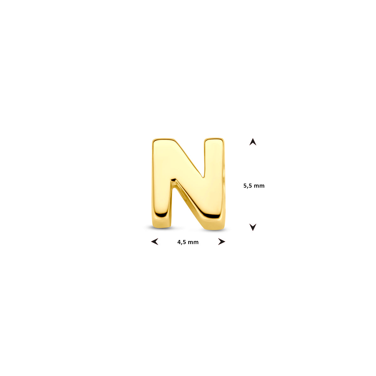 Afmetingen van de 14 karaat gouden letterhanger, letter N: 5,5 mm hoog