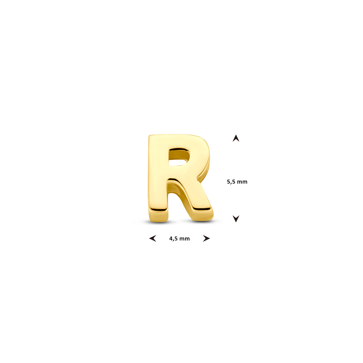 Afmetingen van de 14 karaat gouden letterhanger, letter R: 5,5 mm hoog