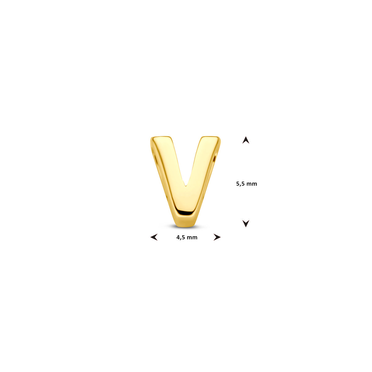 Afmetingen van de 14 karaat gouden letterhanger, letter V: 5,5 mm hoog