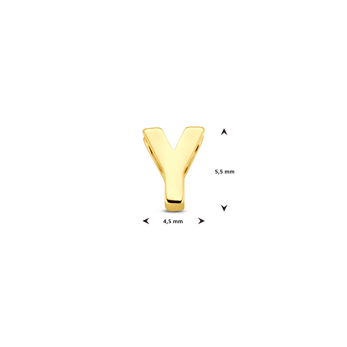 Afmetingen van de 14 karaat gouden letterhanger, letter Y: 5,5 mm hoog
