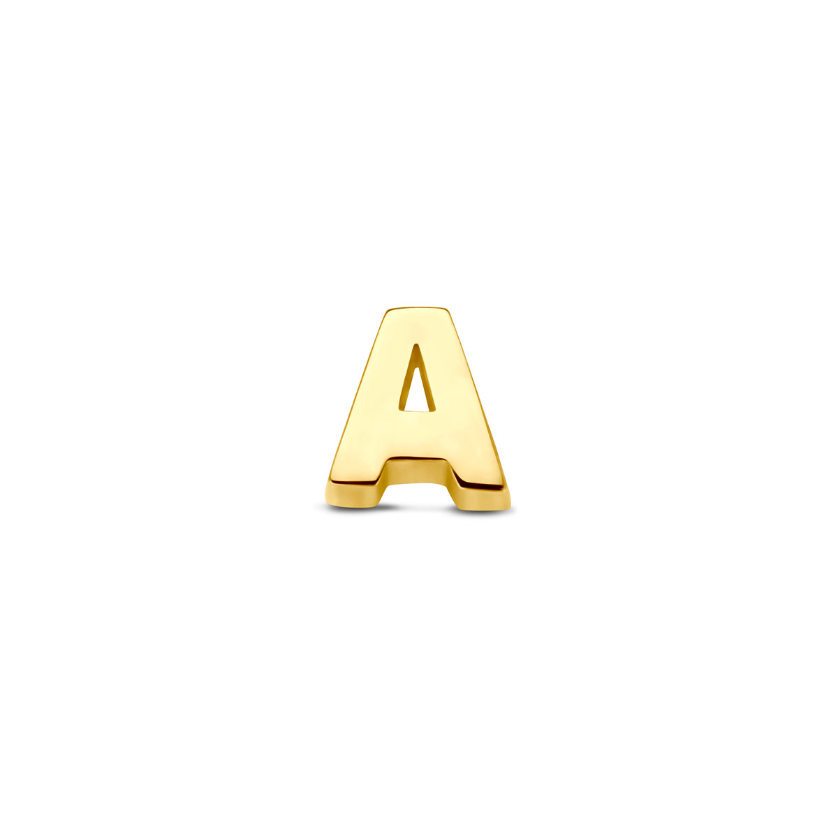 Vooraanzicht van de 14 karaat gouden letterhanger, letter A