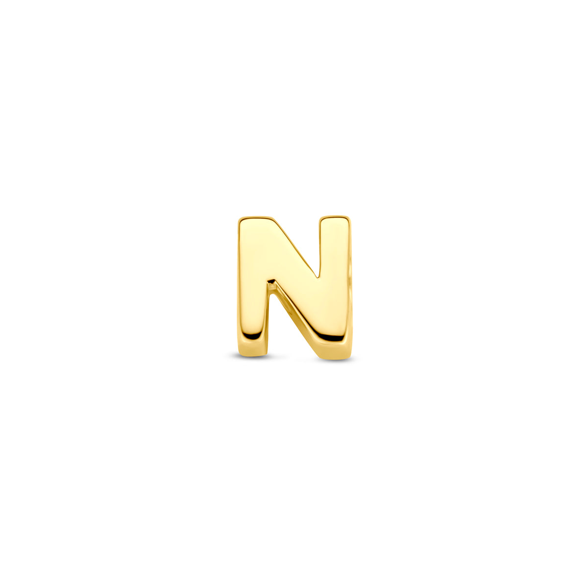 Vooraanzicht van de 14 karaat gouden letterhanger, letter N
