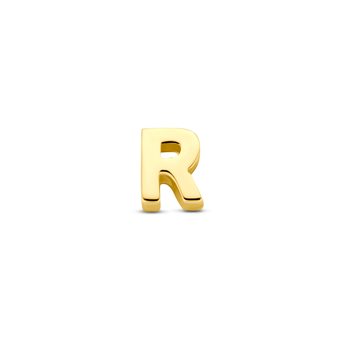 Vooraanzicht van de 14 karaat gouden letterhanger, letter R
