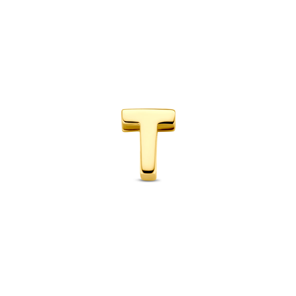 Vooraanzicht van de 14 karaat gouden letterhanger, letter T