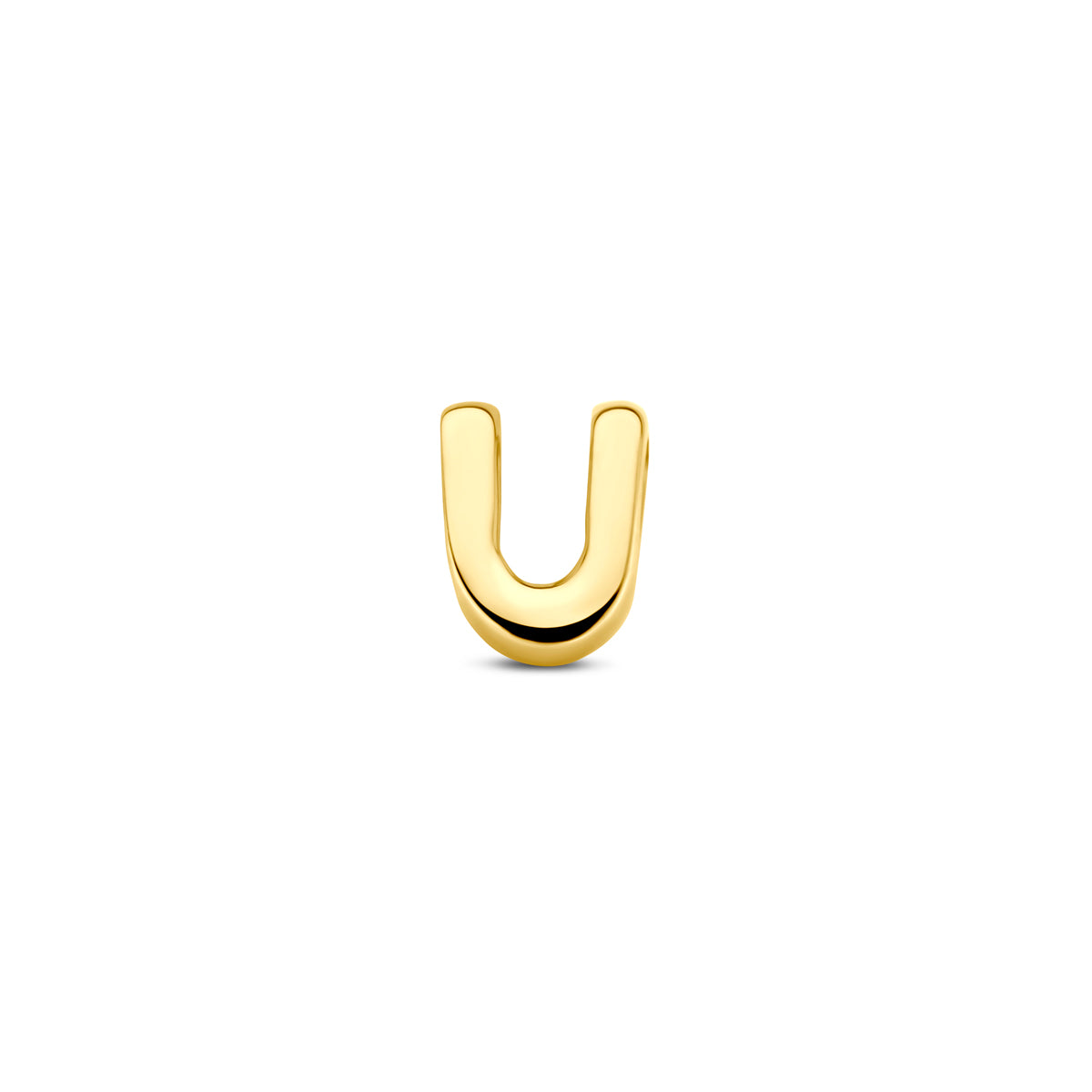 Vooraanzicht van de 14 karaat gouden letterhanger, letter U