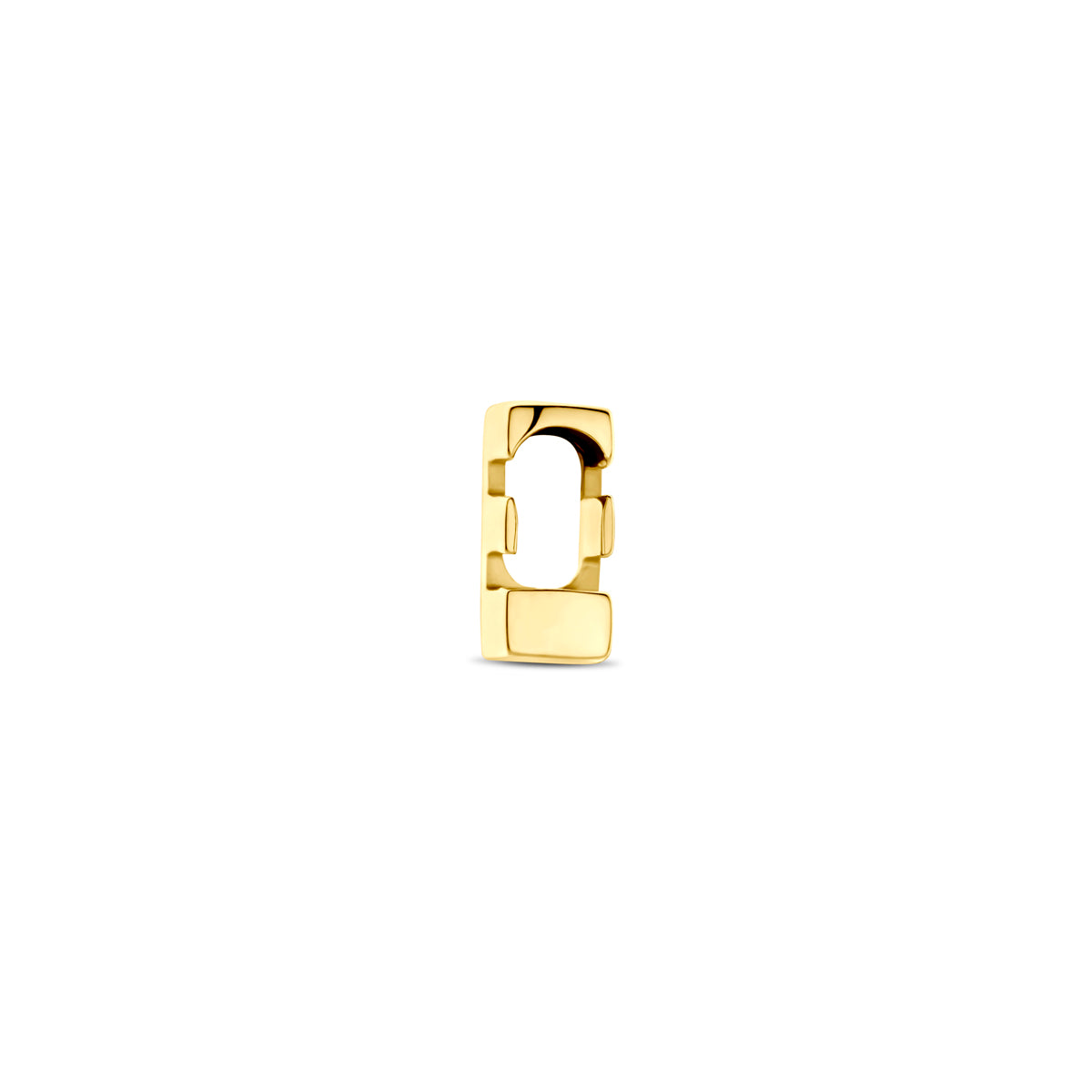 Zijaanzicht van de 14 karaat gouden letterhanger, letter E
