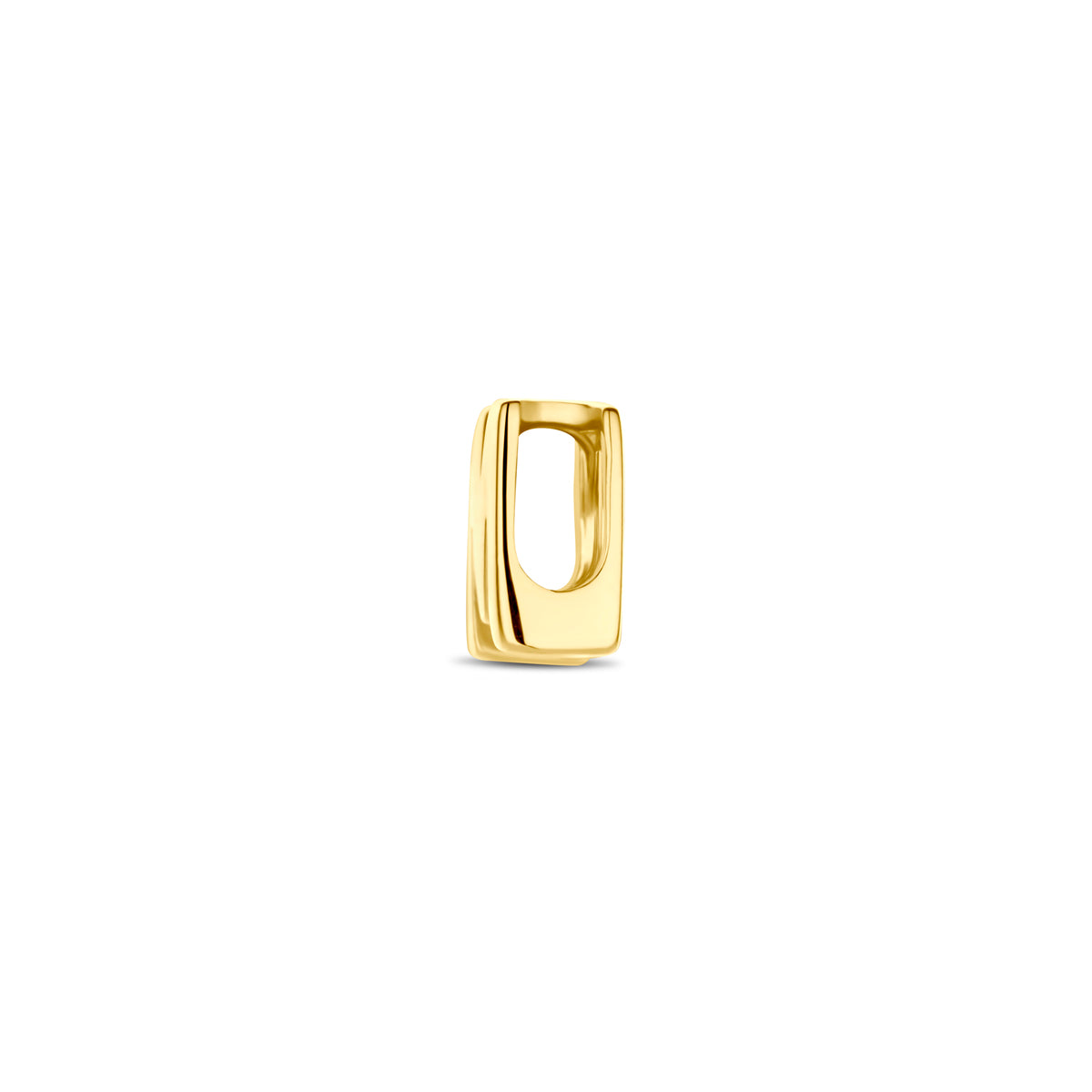 Zijaanzicht van de 14 karaat gouden letterhanger, letter M