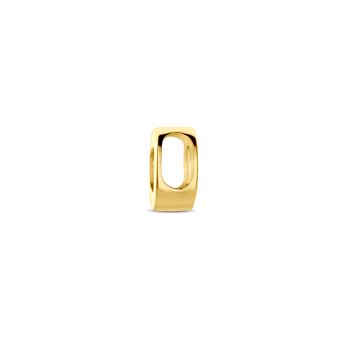 Zijaanzicht van de 14 karaat gouden letterhanger, letter O