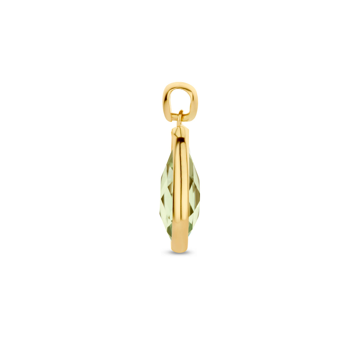Zijaanzicht van de 14 karaat gouden hanger met groene amethist