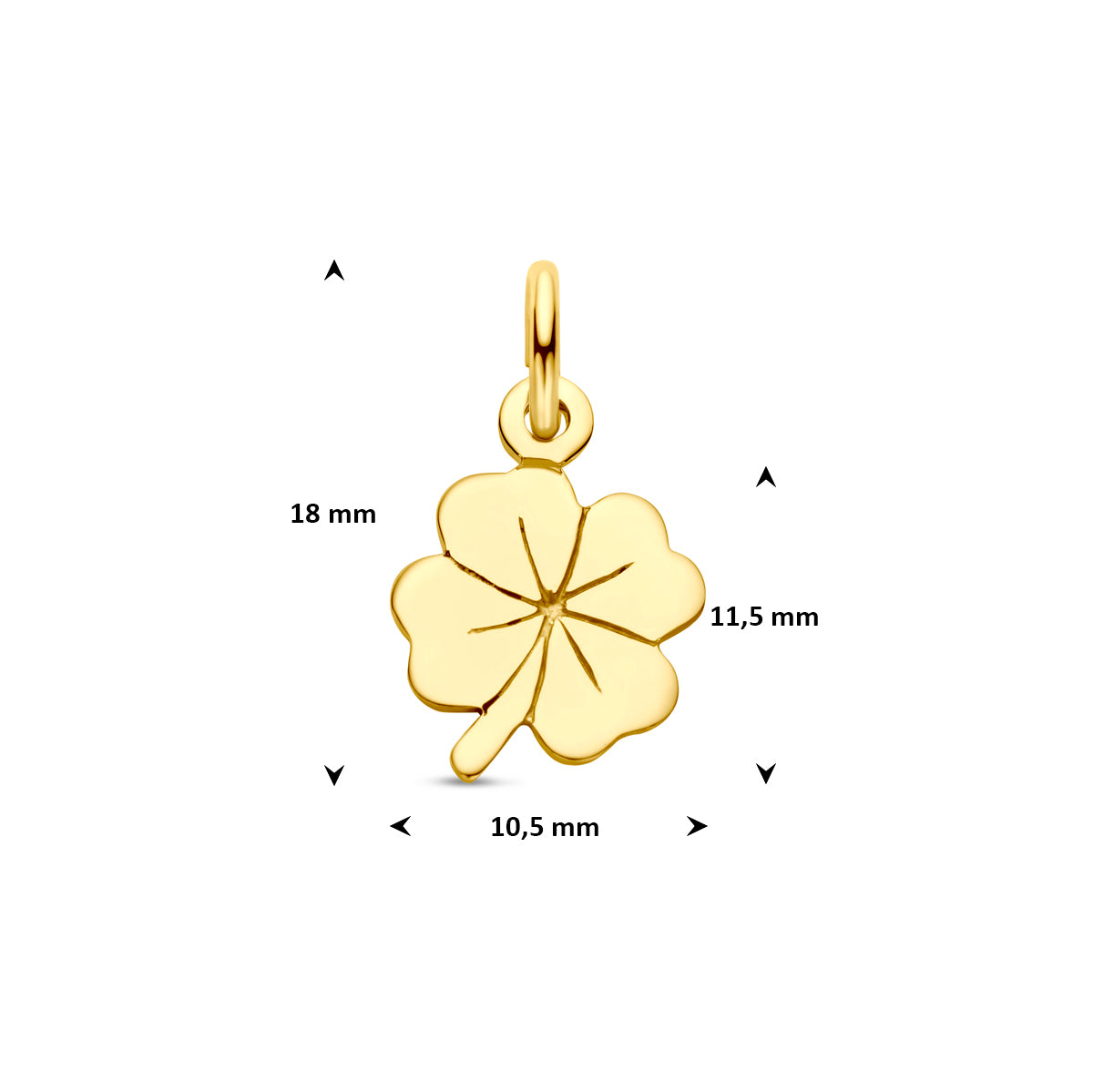 Afmetingen van de 14 karaat gouden klavertje hanger (klavertje vier hanger), 11,5 mm: 18 mm hoog inclusief oog
