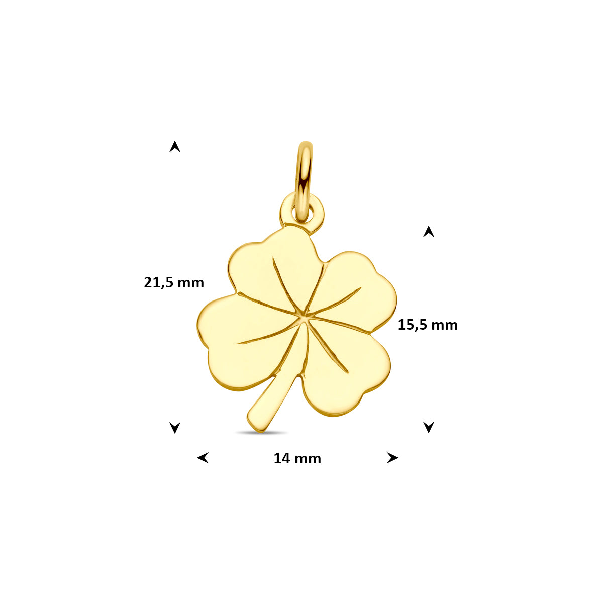 Afmetingen van de 14 karaat gouden klavertje hanger (klavertje vier hanger), 15,5 mm: 21,5 mm hoog inclusief oog