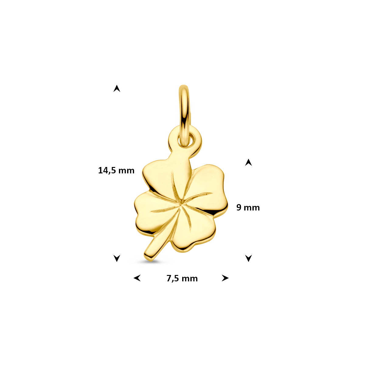 Afmetingen van de 14 karaat gouden klavertje hanger (klavertje vier hanger), 9 mm: 14,5 mm hoog inclusief oog