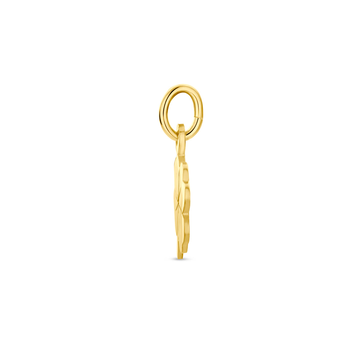 Zijaanzicht van de 14 karaat gouden klavertje hanger (klavertje vier hanger), 11,5 mm