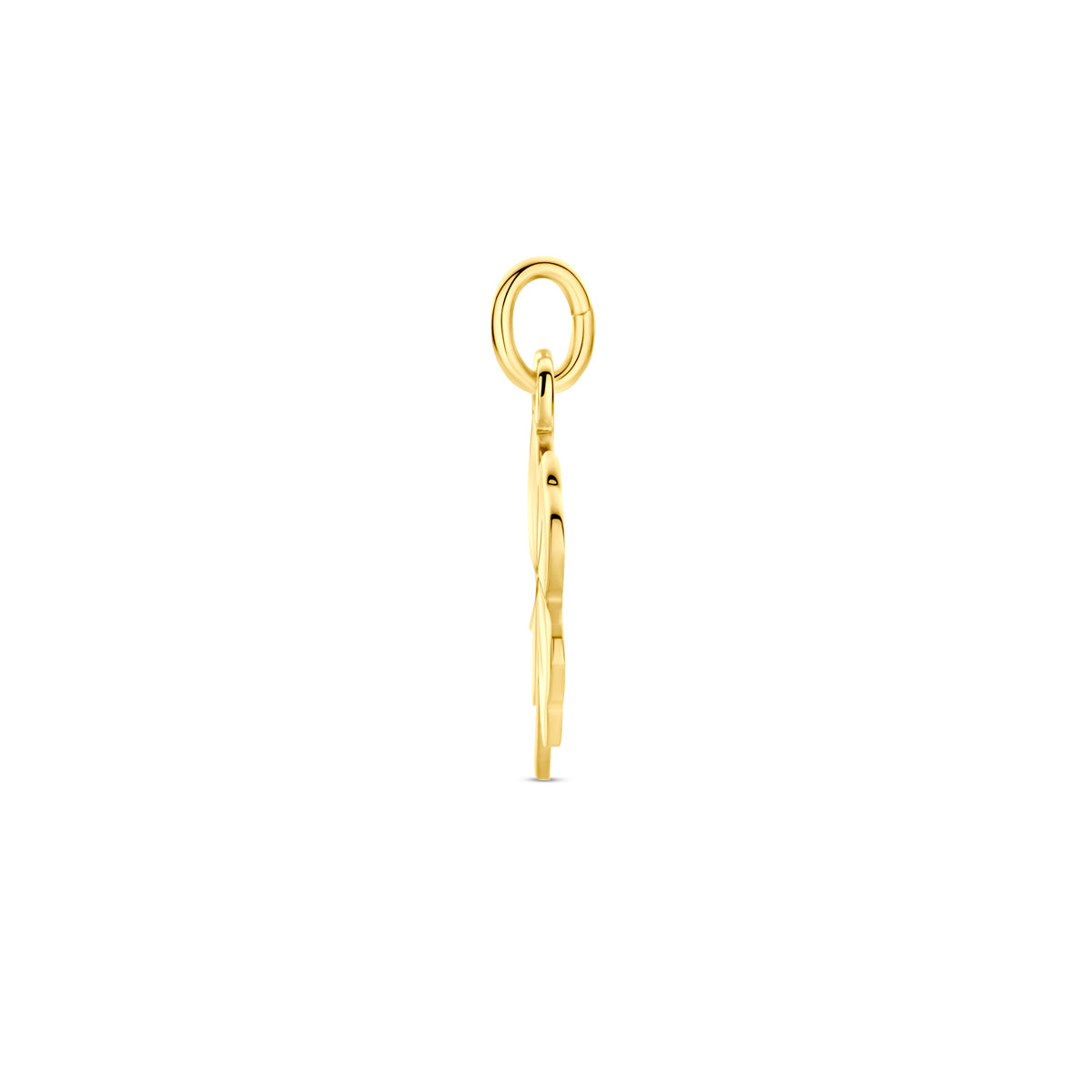 Zijaanzicht van de 14 karaat gouden klavertje hanger (klavertje vier hanger), 15,5 mm