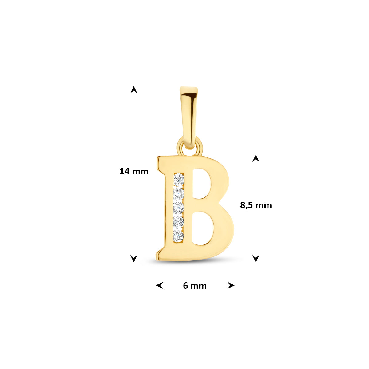 Afmetingen van de letterhanger goud van 14 karaat met zirkonia, letter B: 14 mm hoog inclusief oog, 6 mm breed