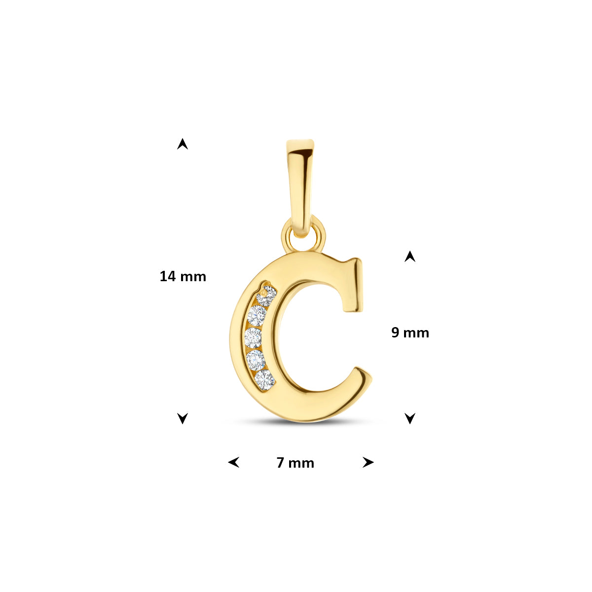 Afmetingen van de letterhanger goud van 14 karaat met zirkonia, letter C: 14 mm hoog inclusief oog, 7 mm breed
