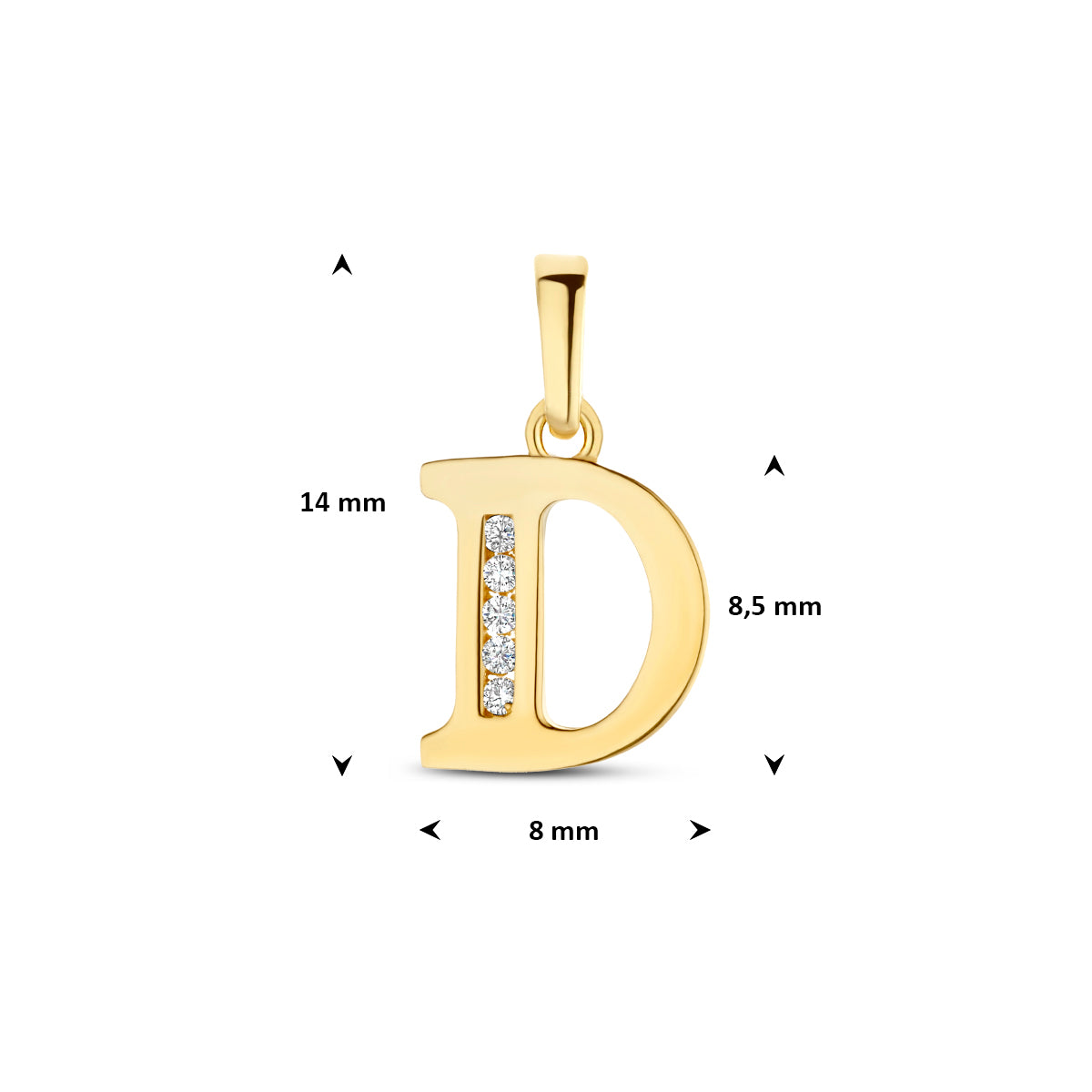 Afmetingen van de letterhanger goud van 14 karaat met zirkonia, letter D: 14 mm hoog inclusief oog, 8 mm breed