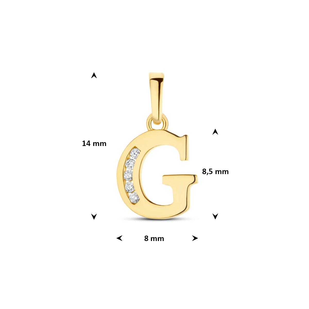 Afmetingen van de letterhanger goud van 14 karaat met zirkonia, letter G: 14 mm hoog inclusief oog, 8 mm breed