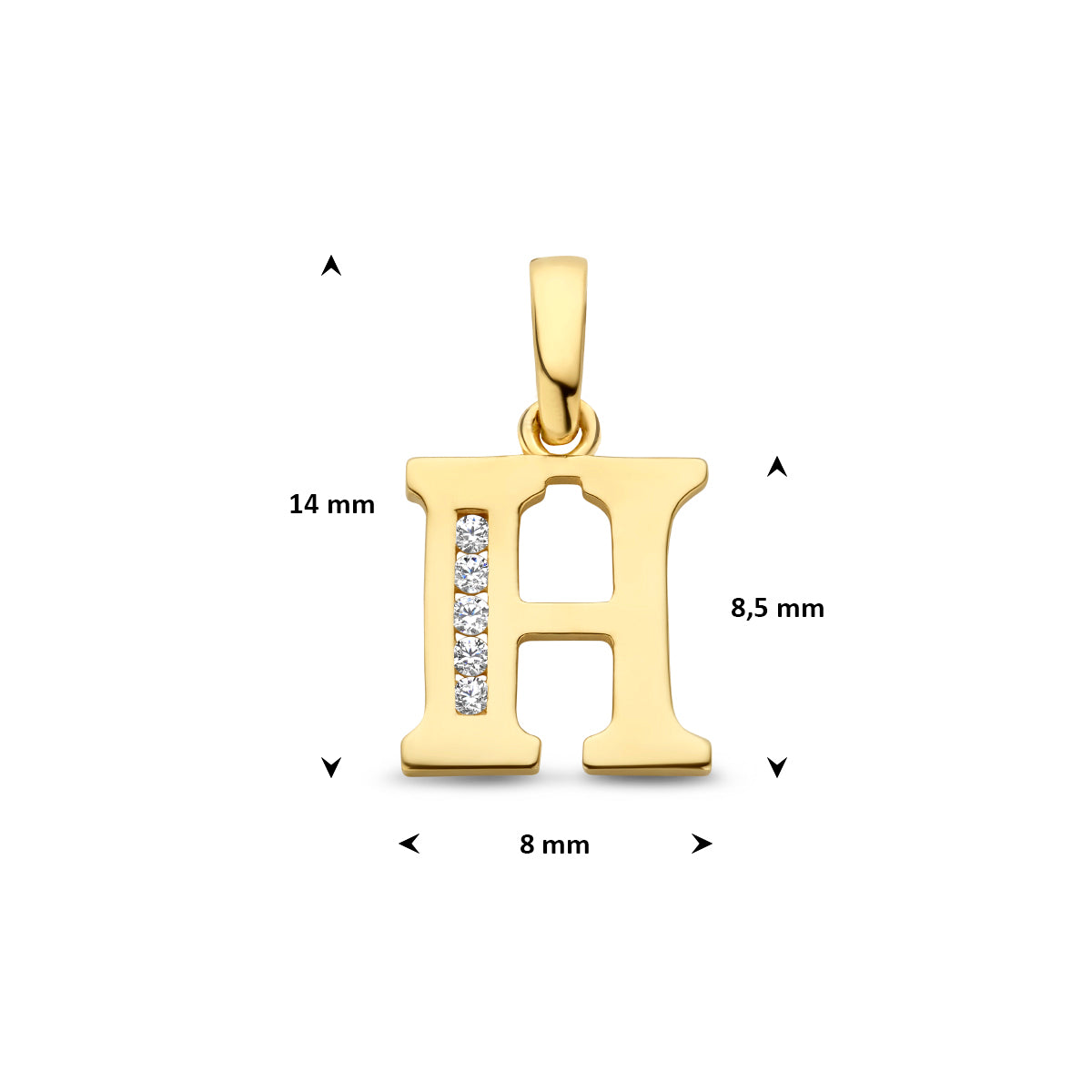 Afmetingen van de letterhanger goud van 14 karaat met zirkonia, letter H: 14 mm hoog inclusief oog, 8 mm breed