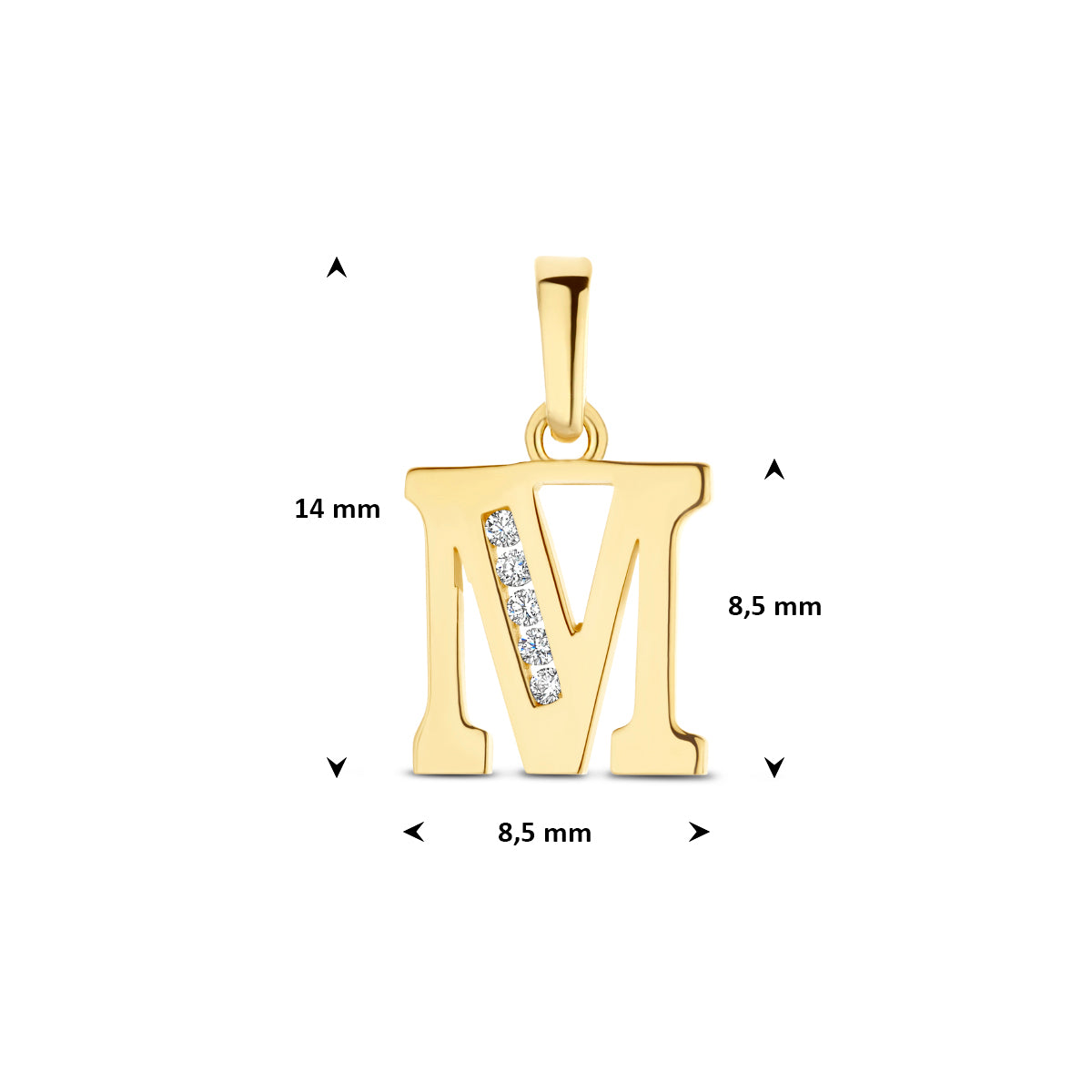 Afmetingen van de letterhanger goud van 14 karaat met zirkonia, letter M: 14 mm hoog inclusief oog, 8,5 mm breed